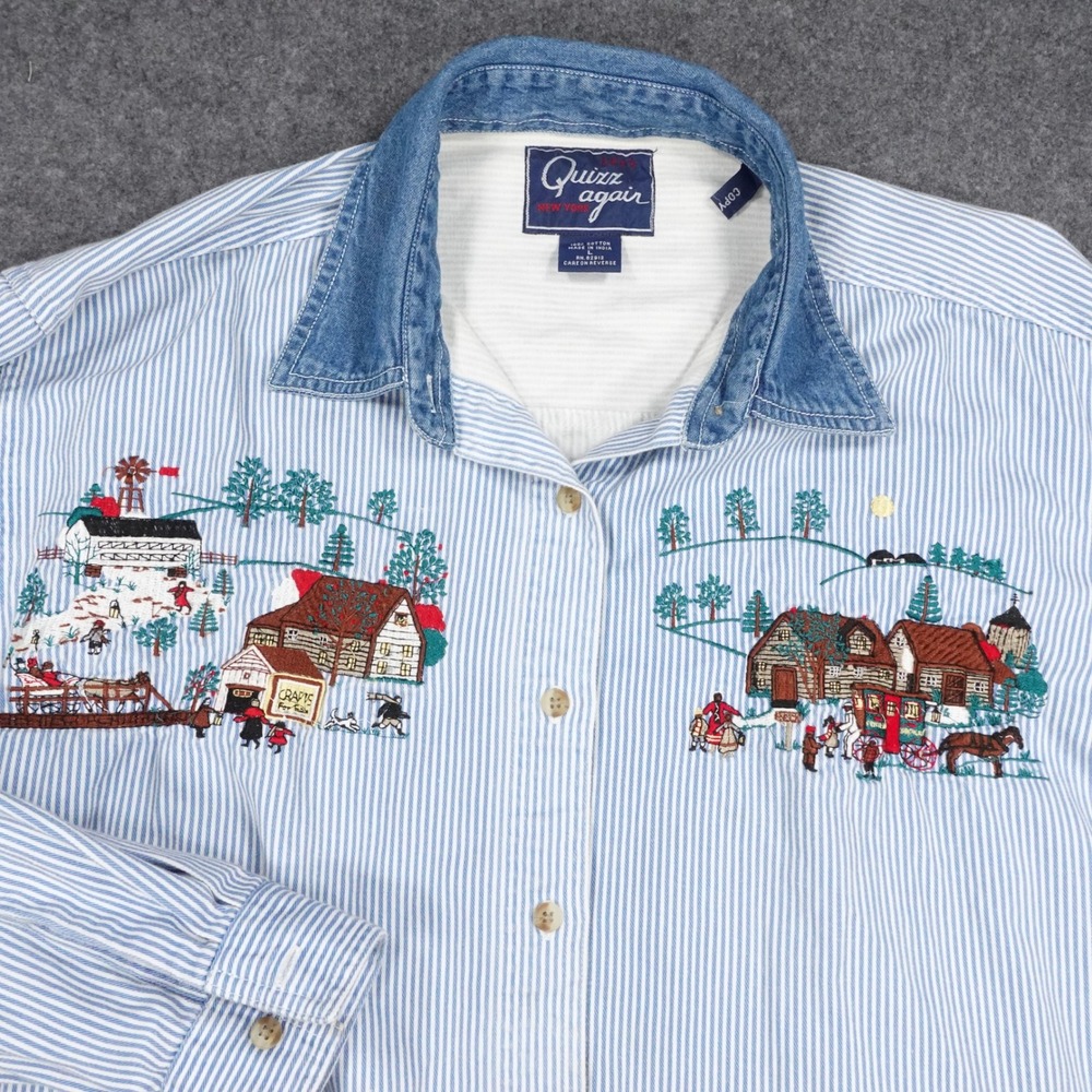 Quizz Again New York Blue Striped Embroidered Winter Village Shirt  Large